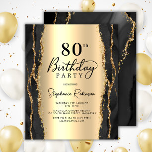 Budget Modern Black Gold 80th Birthday Invitation