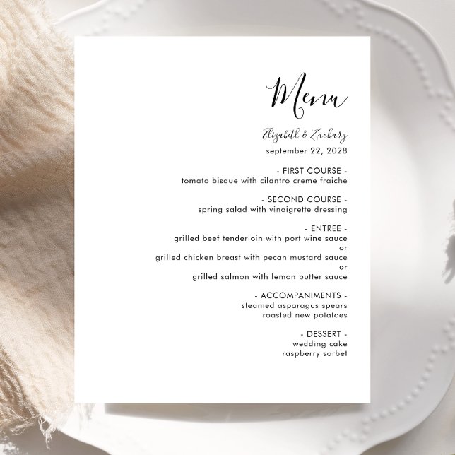 Budget Modern Black Script White Wedding Menu (Creator Uploaded)