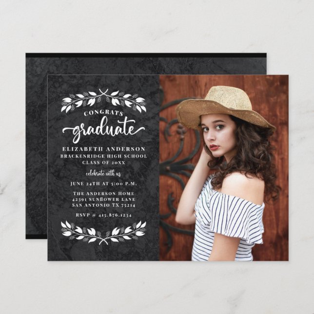 Budget Modern Black White Photo Graduation Party Announcement (Front/Back)