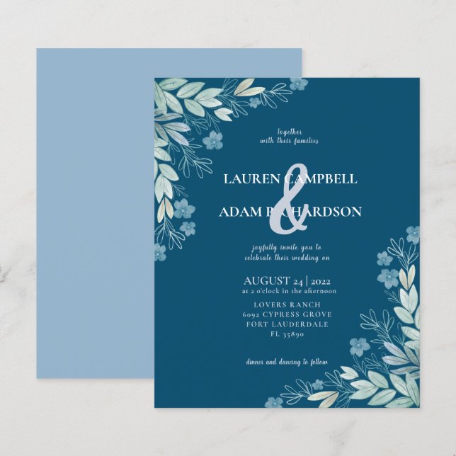 Budget Modern Blue Foliage Wedding Invitation (Front/Back)