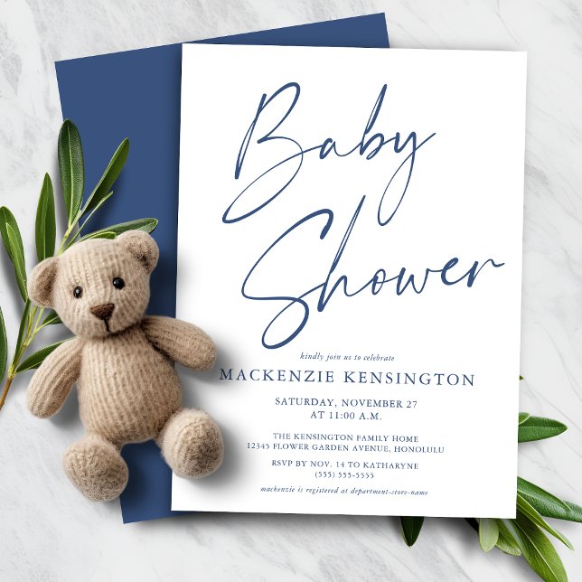 Budget Modern Blue Handwritten Script Baby Shower (Budget Blue Simple Script Baby Boy Shower Invitation)