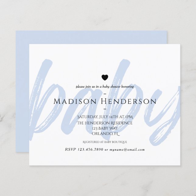 Budget Modern Blue Minimal Baby Shower Invitation (Front/Back)
