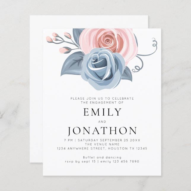 Budget Modern Blue Pink Florals Engagement Party  (Front/Back)