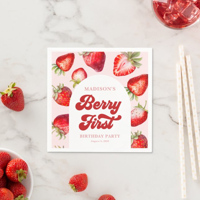 Budget Modern Boho Strawberry Berry 1st Birthday  Napkin (Insitu)