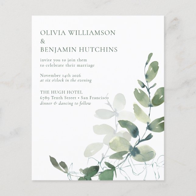 Budget Modern Botanical Eucalyptus Wedding RSVP  (Front)