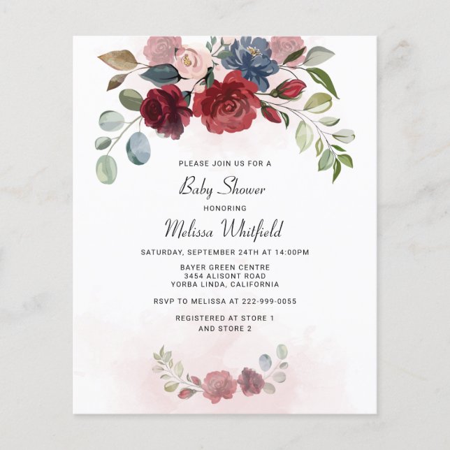 Budget Modern Burgundy Floral Greenery Baby Shower (Front)