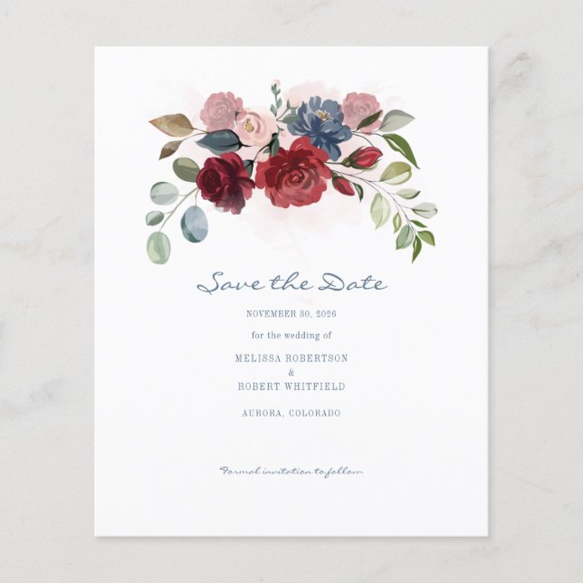 Budget Modern Burgundy Floral Rustic Save The Date (Front)