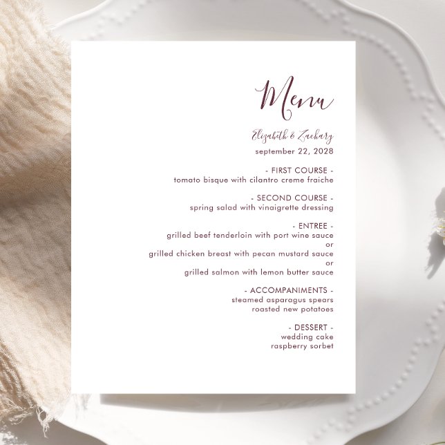 Budget Modern Burgundy Script Wedding Menu (Creator Uploaded)