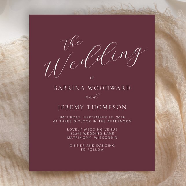 Budget Modern Calligraphy Burgundy Wedding Invite (An elegant choice for a wedding with a burgundy color palette.)