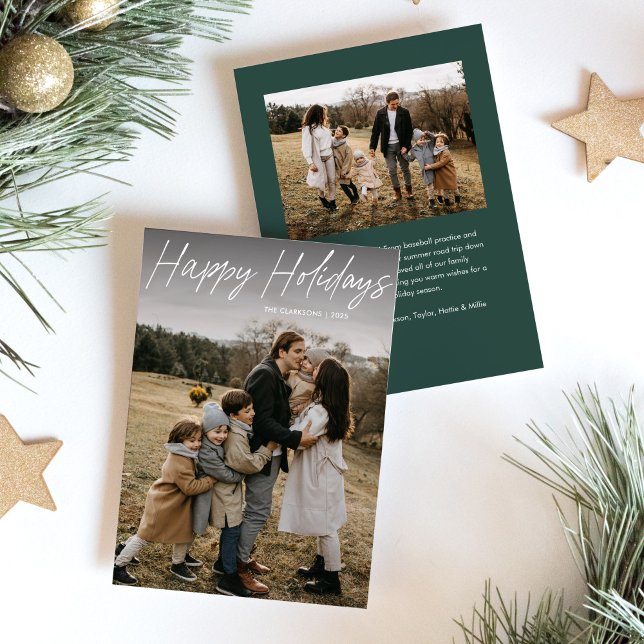 Budget Modern Calligraphy Happy Holidays 2 Photo Holiday Card (Creator Uploaded)