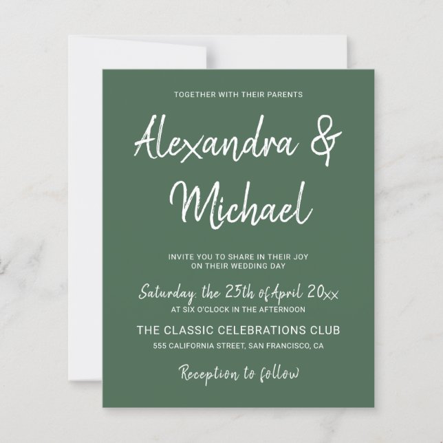 Budget modern dark green wedding invitation (Front)