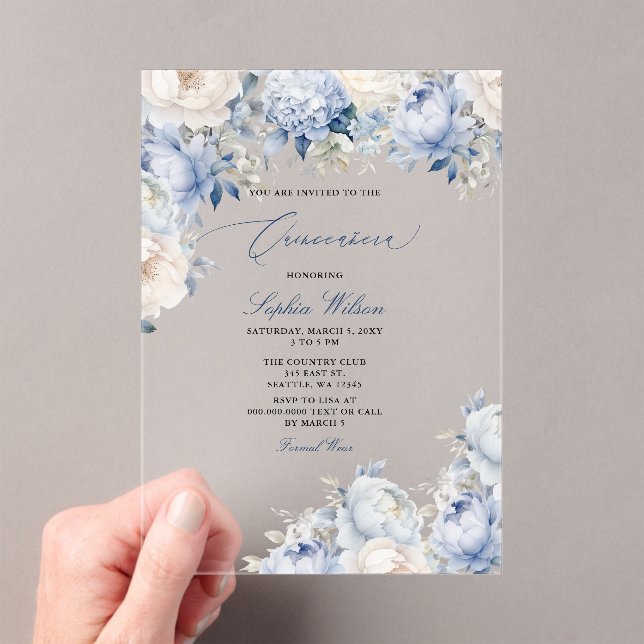 Budget Modern Dusty Blue Floral Quinceañera  Acrylic Invitations (Insitu (Handheld))