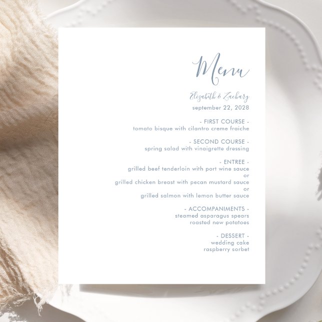 Budget Modern Dusty Blue Script Wedding Menu (Creator Uploaded)