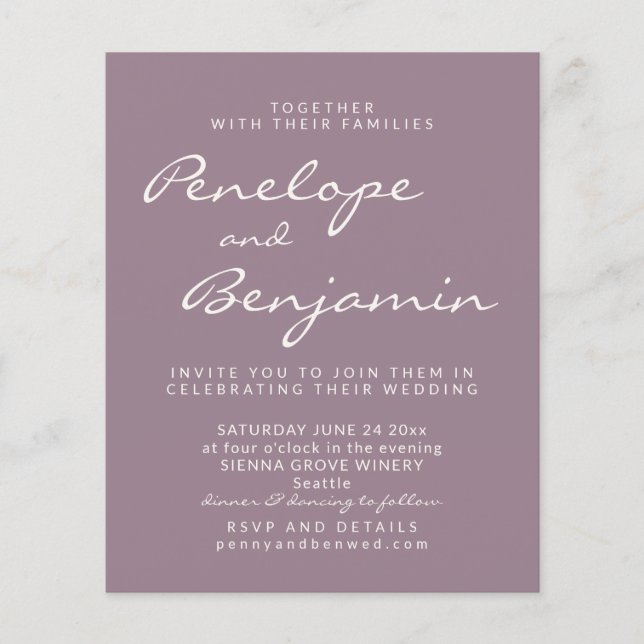 Budget Modern Dusty Purple Script Wedding Invite (Front)