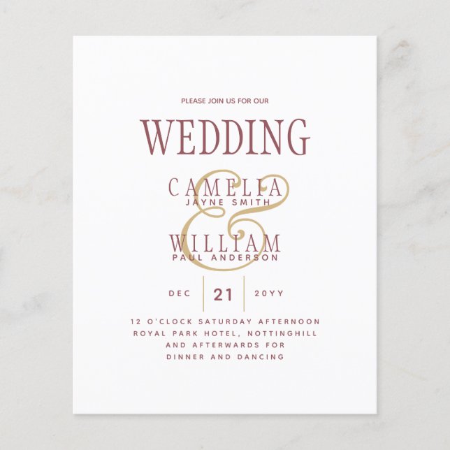 BUDGET Modern Dusty Rose Pink Gold Wedding Invite Flyer (Front)