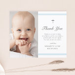 Budget Modern Elegance Boys Baptism Thank You Card<br><div class="desc">The budget modern elegance boys baptism thank you card is modern and clean featuring soft blue stripes and a cross with photo. Grey customisable type allows you to change all of the information on the card to your liking. Perfect for a little boy's baptism.</div>