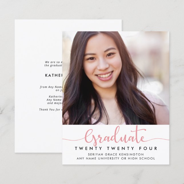 BUDGET Modern Elegant Pink Script Graduation Photo (Front/Back)