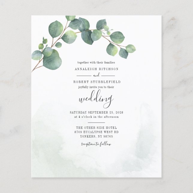 Budget Modern Eucalyptus Greenery Script Wedding (Front)