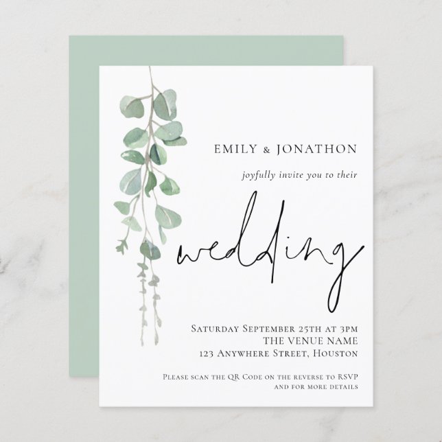 Budget Modern Eucalyptus QR Code Wedding Invite (Front/Back)