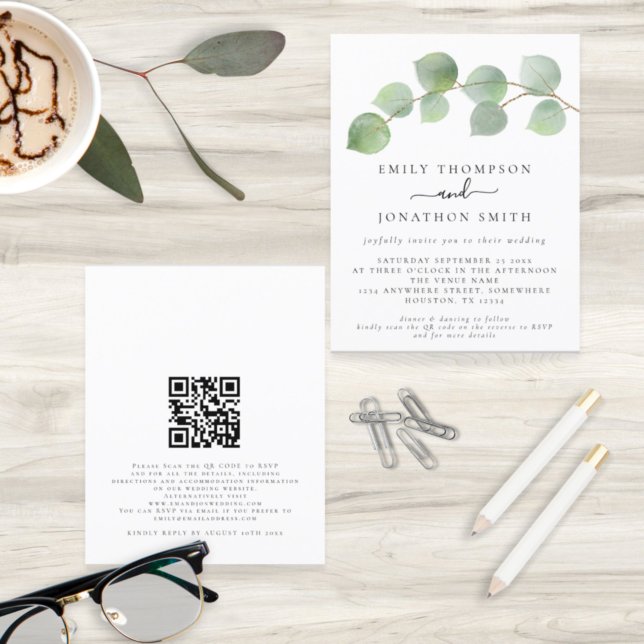 Budget Modern Eucalyptus QR Code Wedding Invite (Creator Uploaded)