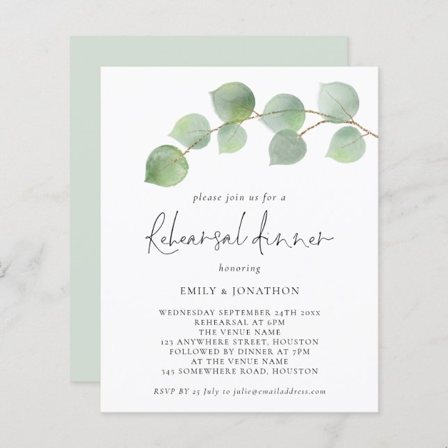 Budget Modern Eucalyptus Rehearsal Dinner Invite (Front/Back)