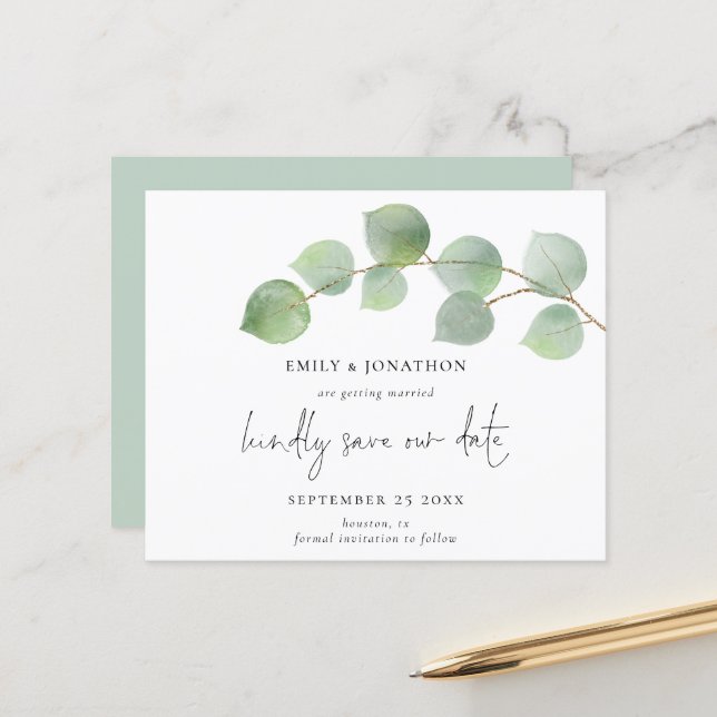 Budget Modern Eucalyptus Script Save The Date (Front/Back In Situ)