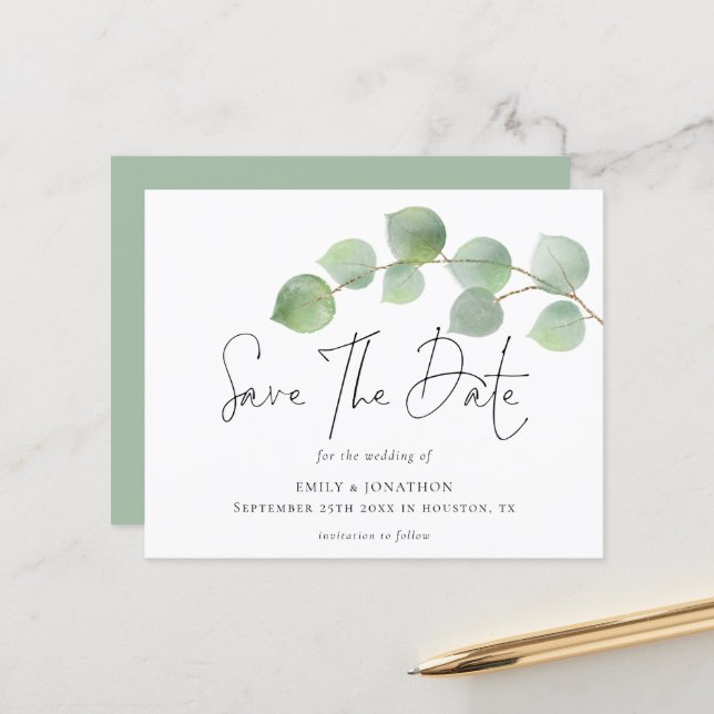 Budget Modern Eucalyptus Wedding Save The Date (Front/Back In Situ)