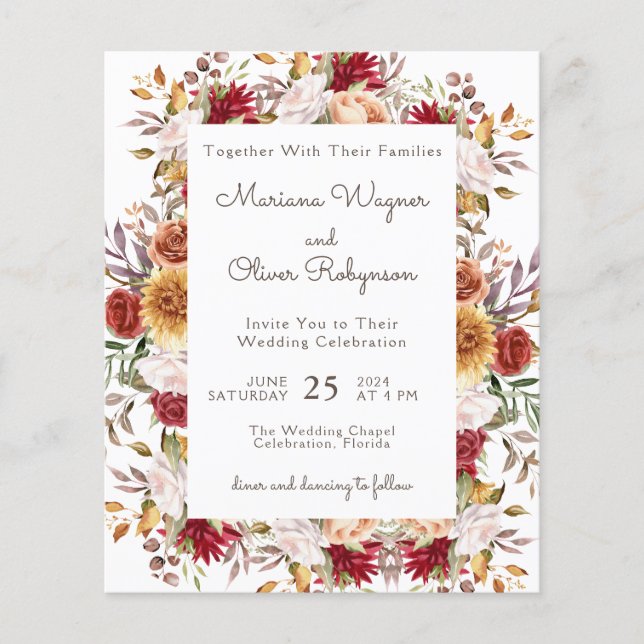 Budget Modern Fall Floral Wedding Invitation (Front)