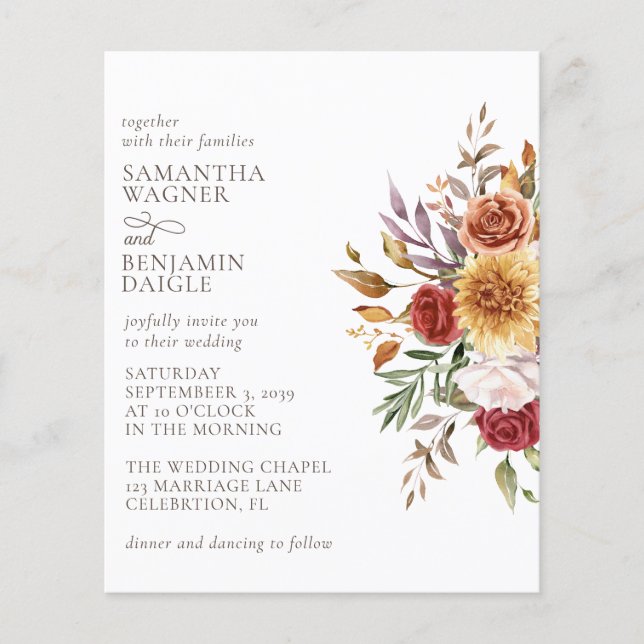 Budget Modern Fall Floral Wedding Invitation (Front)