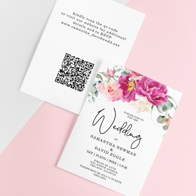 Budget Modern Fuchsia Pink Floral  QR Code Wedding (Creator Uploaded)
