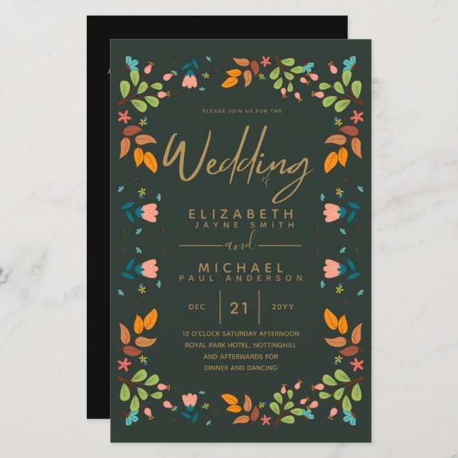 BUDGET Modern Garden Leaves Wedding Invite A9 (Front/Back)