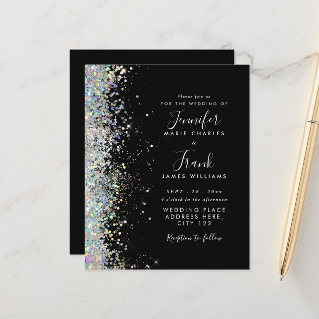 Budget Modern Glitter Black Wedding Invitation (Front/Back In Situ)