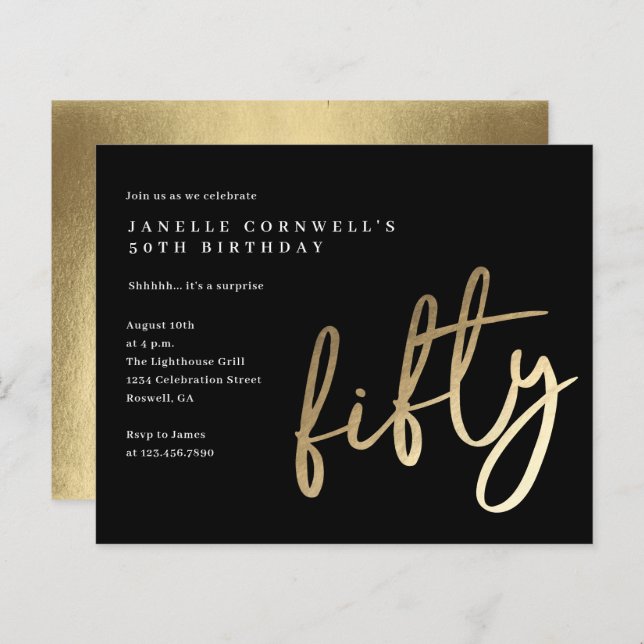 Budget Modern Gold Type 50th Birthday Invitation (Front/Back)