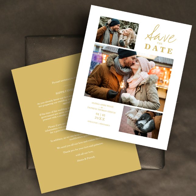 Budget Modern Golden Effect 3 Photos Wedding (Budget Modern Faux Golden Effect 3 Photos Collage Save the Date Card with Envelope.)