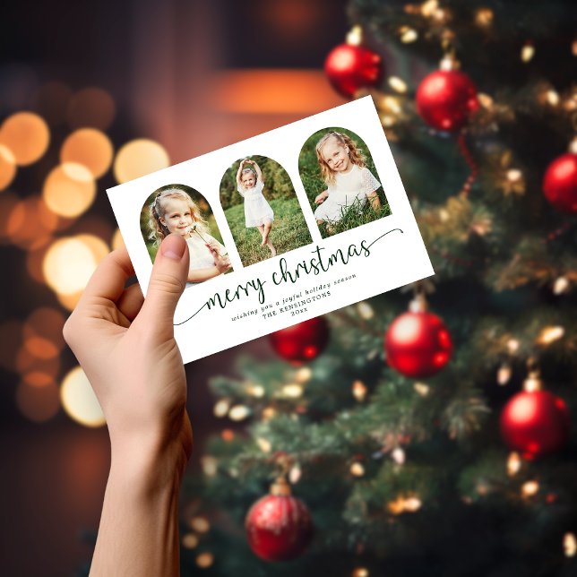 BUDGET Modern Green Arch 3 Photo Christmas Card (BUDGET Modern Green Arch 3 Photo Christmas Card)