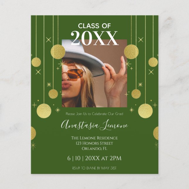 Budget Modern Green & Gold Graduation Invitation (Front)
