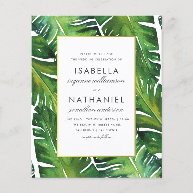 Budget Modern Green Tropical Leaves Wedding (Front)