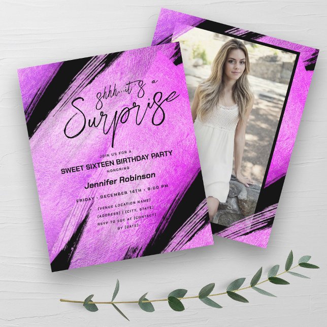 Budget Modern Hot Pink Surprise Sweet 16 Invites  (Budget Modern Hot Pink Surprise Sweet 16 Invites )