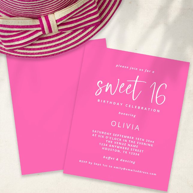 Budget Modern Hot Pink Sweet 16 Birthday Invite (Creator Uploaded)