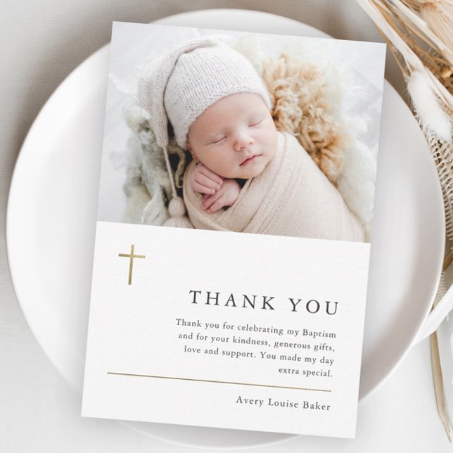 Budget Modern Minimal Photo Baptism Thank You Card (Modern gold cross baby photo budget baptism thank you.)