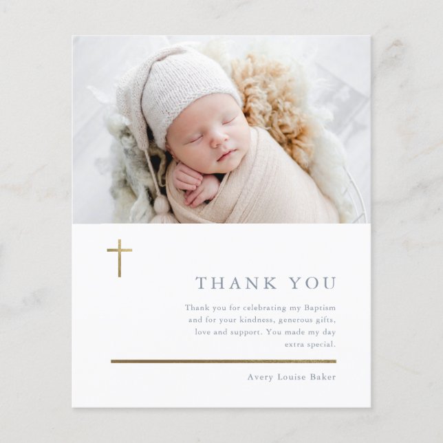 Budget Modern Minimal Photo Baptism Thank You Card (Front)