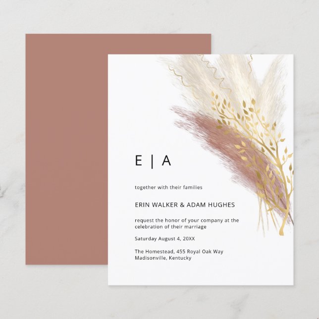 Budget Modern Monogram Boho Pink Gold Pampas Grass (Front/Back)