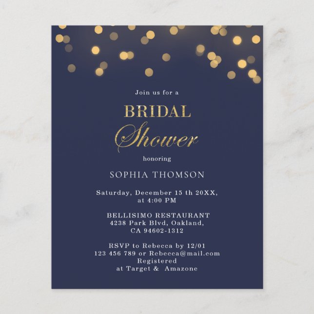 Budget Modern Navy Blue, Gold Bridal Shower Flyer (Front)