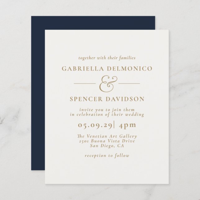 BUDGET Modern Navy Blue Gold Wedding Invitation (Front/Back)