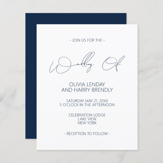 Budget Modern Navy Blue White Wedding Invitation (Front/Back)