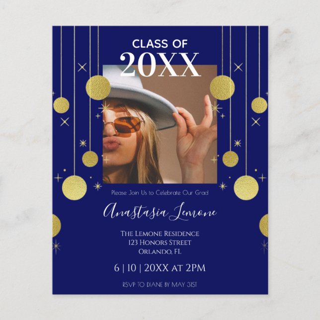 Budget Modern Navy & Gold Graduation Invitation (Front)