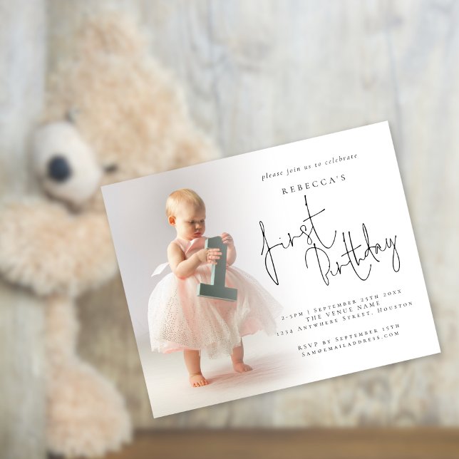 Budget Modern Photo Overlay 1st Birthday Invite (Great value smaller 4.5 x 5.6" Budget price alternative)