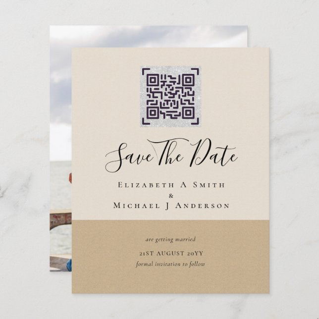 BUDGET Modern PHOTO SAVE THE DATE QR CODE RSVP (Front/Back)