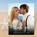 Budget Modern Photo Script Wedding Thank You Flyer<br><div class="desc">Budget Modern Script Wedding one Photo Thank You personalised affordable low budget flyer. Modern Stylish wedding thank you paper template featuring a full vertical photo on the front with text overlay "Thank You" script in a hand lettered typography font in white colour on the picture. At the backing one horizontal...</div>