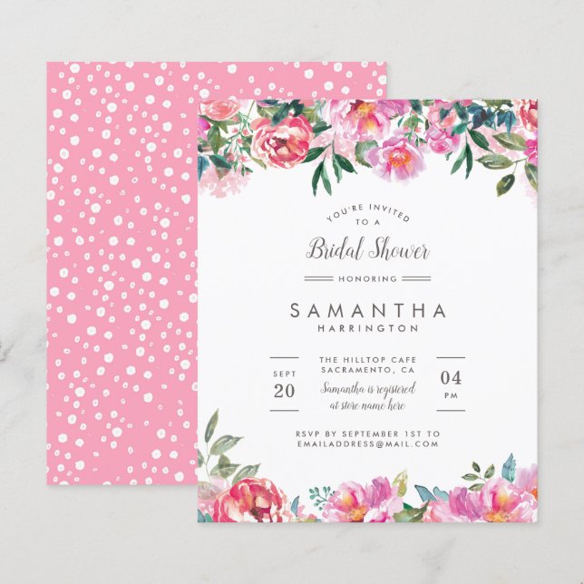 Budget Modern Pink Peony Flowers Bridal Shower (Front/Back)